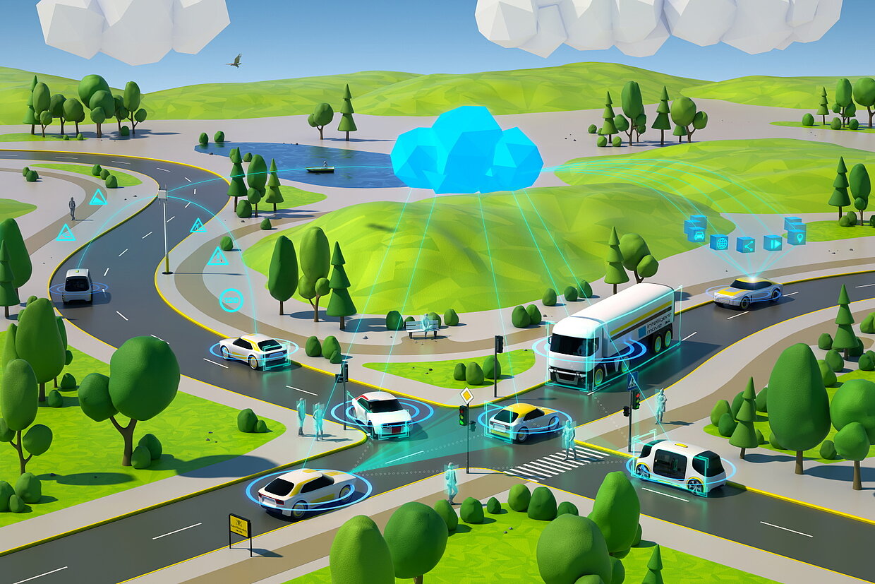 3D-Rendering einer Straßenkreuzung. Die Fahrzeuge kommunizieren miteinander, über ihnen ist eine Cloud