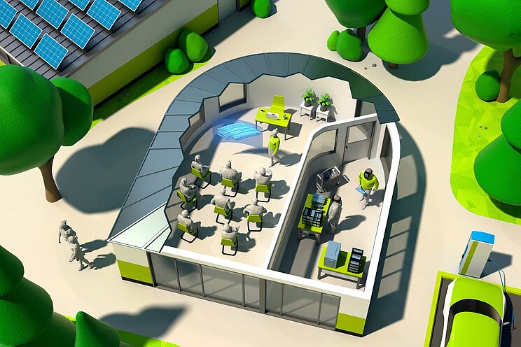 3D-Grafik eines modernen Lern- und Forschungslabors. Daneben ein Elektroauto an Ladestation.