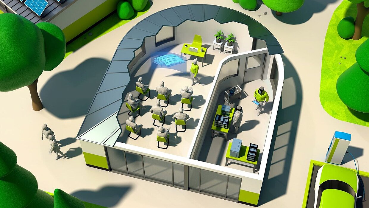 3D-Grafik eines modernen Lern- und Forschungslabors. Daneben ein Elektroauto an Ladestation.