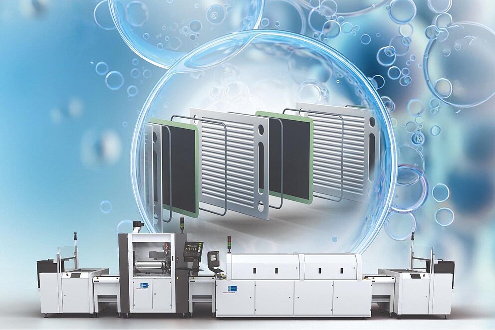 Im Vordergrund ein Thermalsystem, im Hintergrund aufsteigende Wasserblasen. In einer großen Wasserblase ist eine vergrößerte Ansicht des Systeminneren zu sehen.