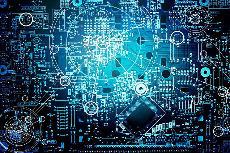 Blaue Platine mit darübergelegten weißen Kreisen die durch Linien miteinander verbunden sind.