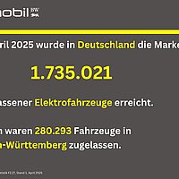 Im April 2025 wurde in Deutschland die Marke von 1.735.021 zugelassener Elektrofahrzeuge erreicht. Davon waren 280.293 Fahrzeuge in Baden-Württemberg zugelassen.