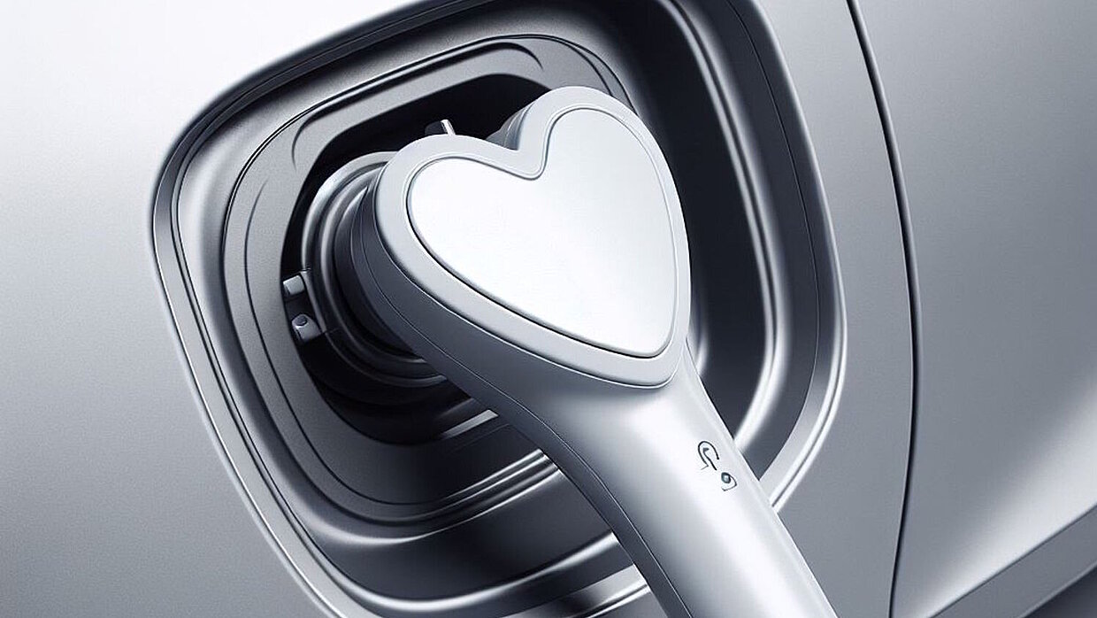 "Good News" aus Baden-Württemberg: Elektromobilität mit Herzblut Ein eingesteckter Elektroladestecker in Form eines Herzens, rundherum ist hellgraue Karosserie zu sehen.