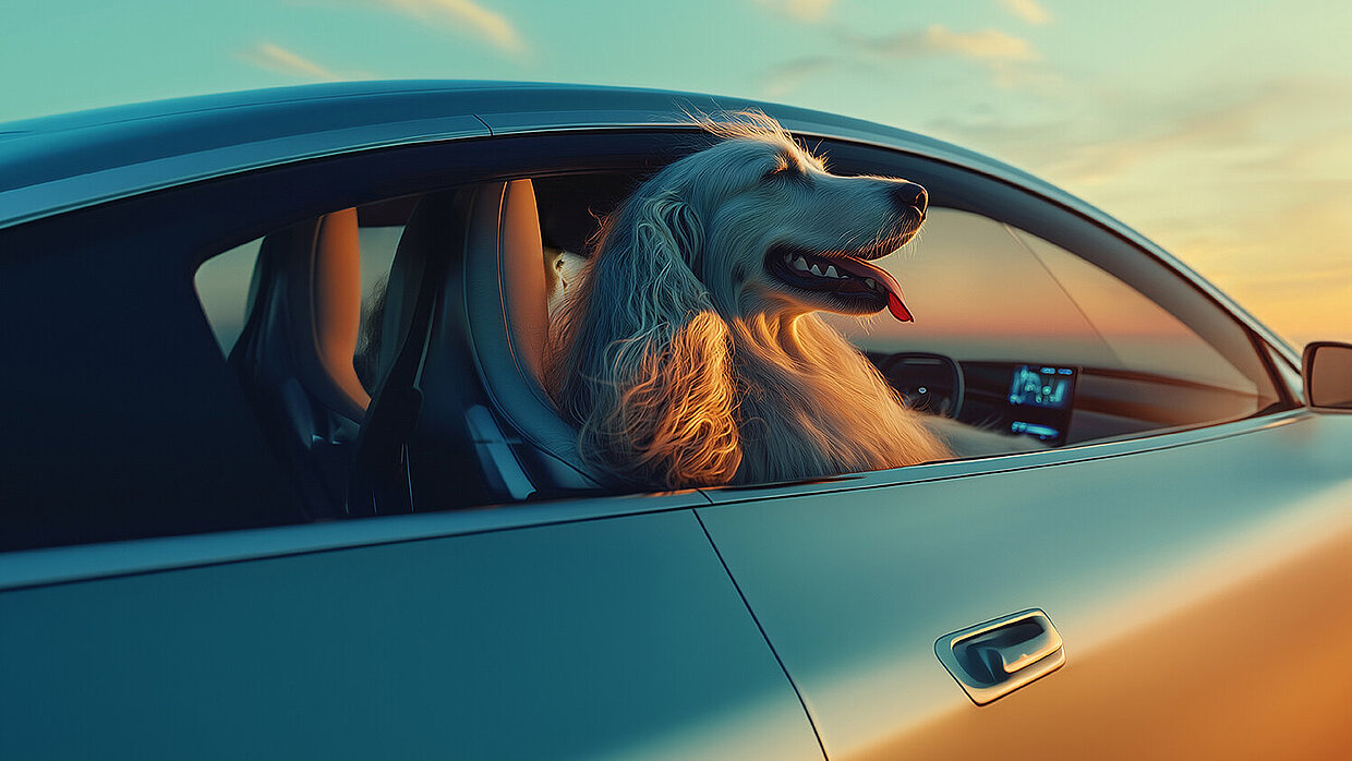 "Good News" aus Baden-Württemberg: hier wird Elektromobilität vorwärtsgebracht Ein Hund sitzt in einem hoch modernen E-Auto und hält genüsslich den Kopf aus dem Fenster.