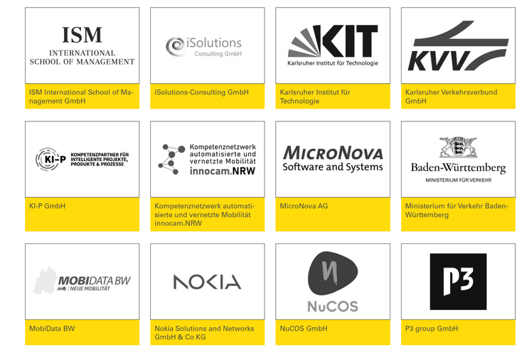 Auf dem Bild ist eine Übersicht der Partner des Netzwerk Intelligent Move zu sehen, unter anderem Das Ministerium für Verkehr, die KIT und Nokia.  